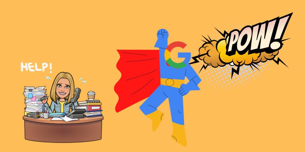 Personnage blonde au téléphone qui représente julie thibault, sur un bureau rempli de dossiers, le personnage à l'ai débordé mais un super héros avec le corps d'un humain, une cape comme superman mais avec le logo de google à la place de la tête du super héros vient à la rescousse du personnage pour l'aider à améliorer son travail