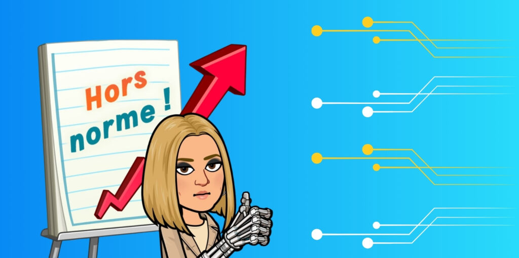 Avatar qui représente julie thibault, personnage féminin, blonde, avec une main de robot, qui illustre le sujet de l'ai et ses retombées positives sur la stratégie d'une entreprise