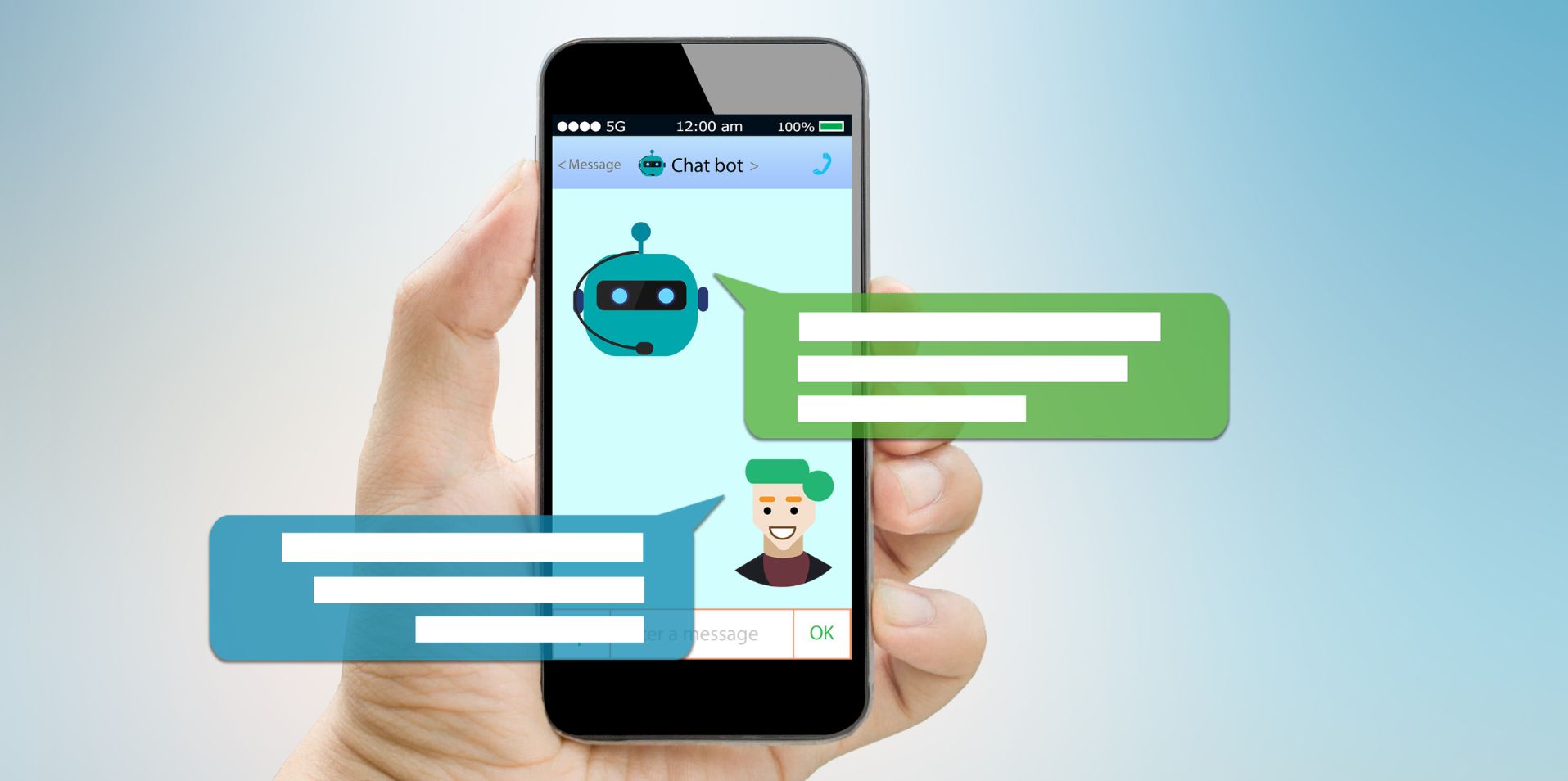 image d'un téléphone dans une main avec une conversion chatbot sur l'écran