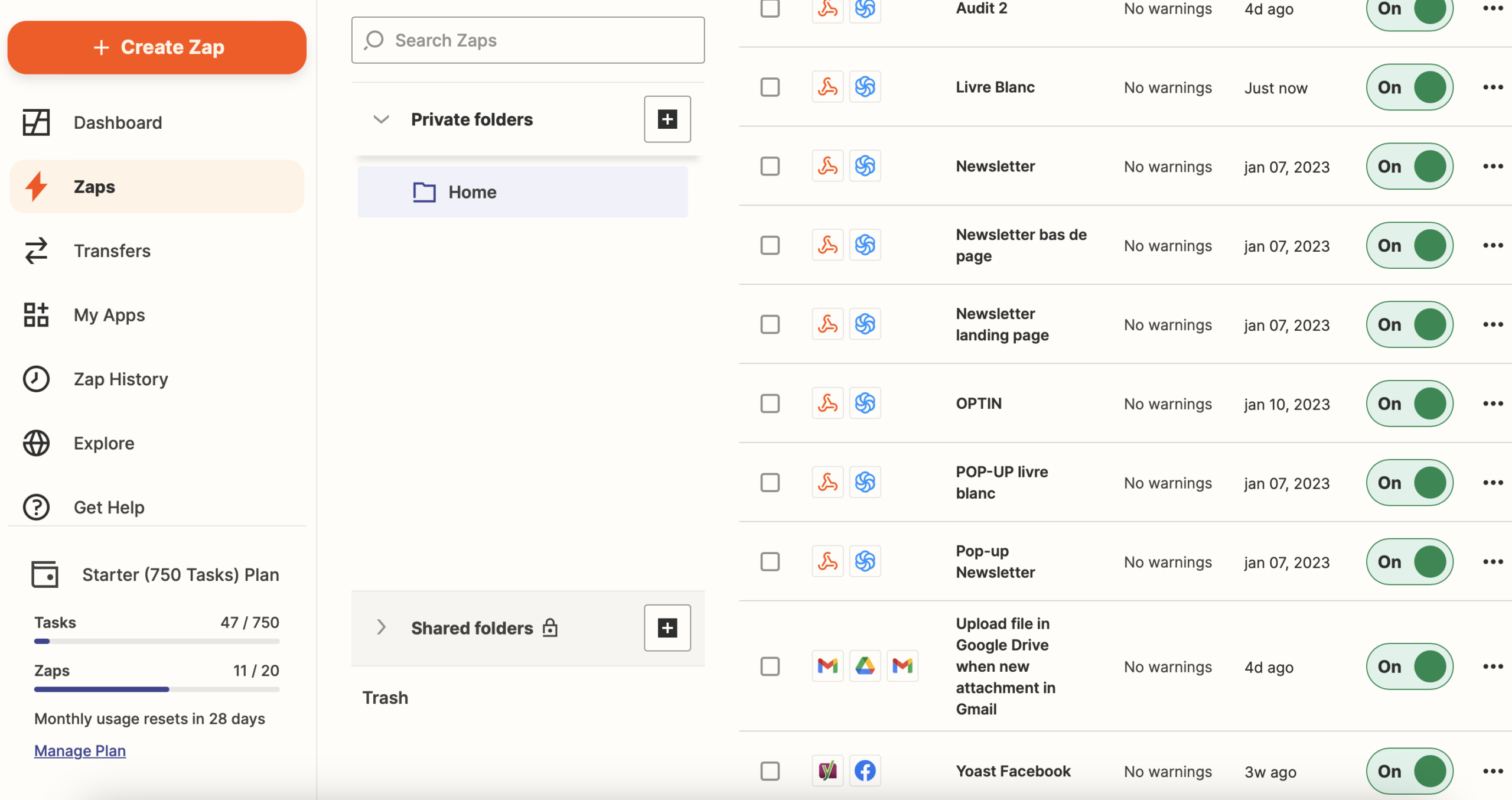 interface zapier avec plusieurs zap (workflow)