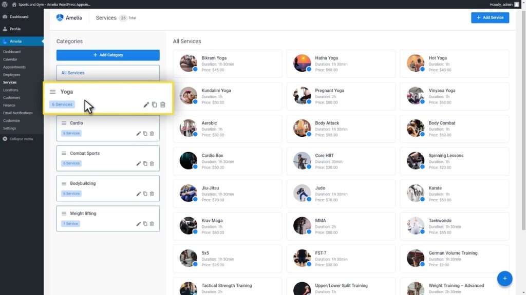 Catégories, services et membres de l'équipe sur l'interface Amelia