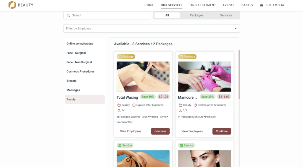 Extension Amelia: page de rendez-vous en ligne avec Amelia sur un site de soins esthétiques avec visibilité sur les packages, services et catégories