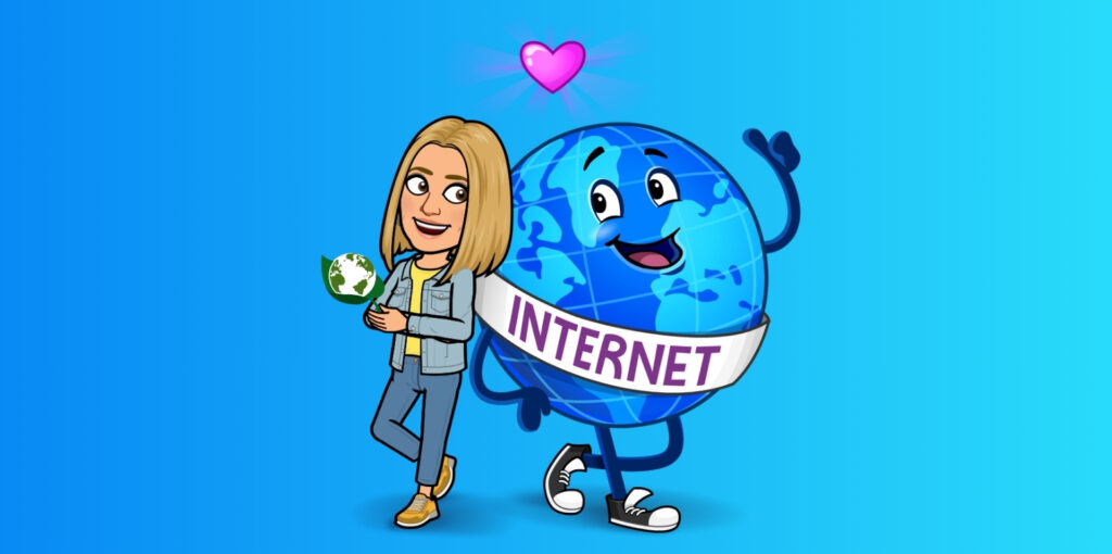 Image d'en tête de l'article de blog "créer un site respectueux de l'environnement": personnage représentante l'auteur Julie Thibault en compagnie d'un personnage représentant la planète terre, sur fond vert pour symboliser l'environnement et l'écologie