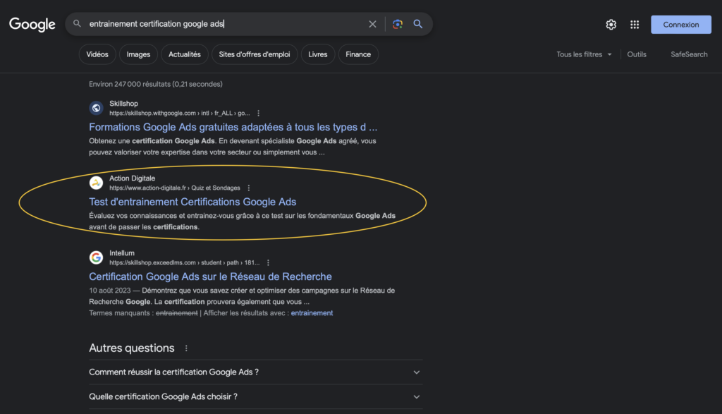 Serps google ou action digital est en deuxieme position