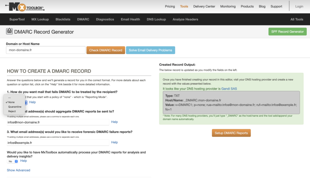 plateforme MXTOOLBOX pour générer des valeurs dmarc