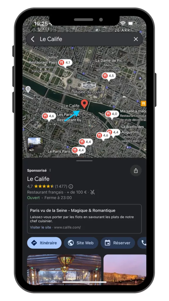 annonce google maps sur mobile avec carte et fiche gmb