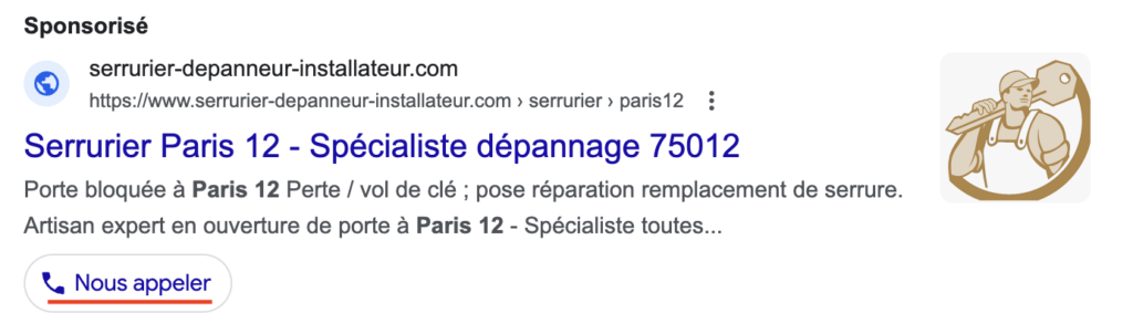 SERPs avec annonce sponsorisée avec extension d'appel