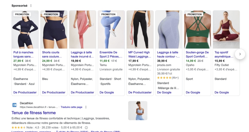 écran avec des articles de sport sponsorisés par google shopping