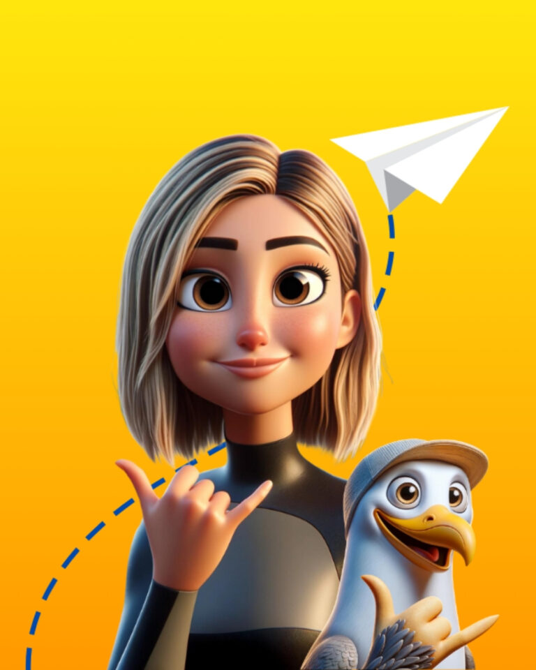 avatar de julie thibault qui regarde des icones raccompagné d'une mouette et un avion de papier